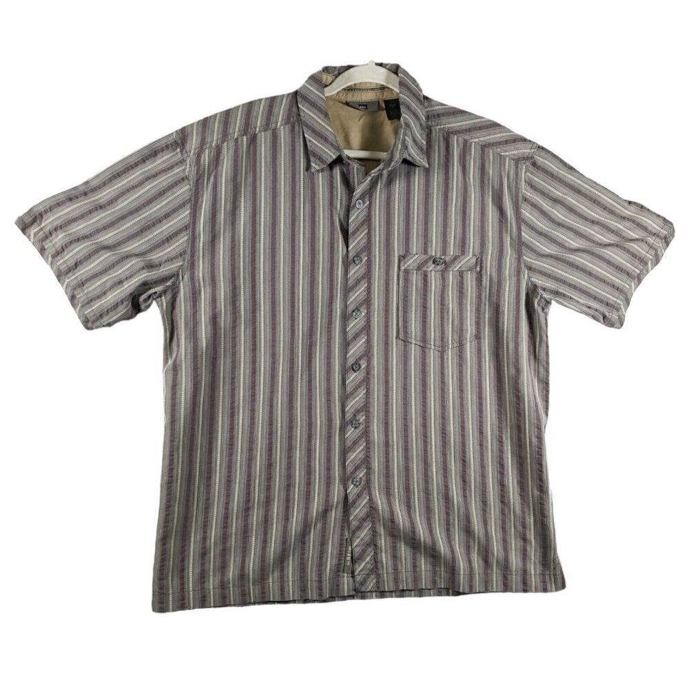 REI Button Shirt Mens Large Cotton Poly Green Gray Stripe Short Sleeve